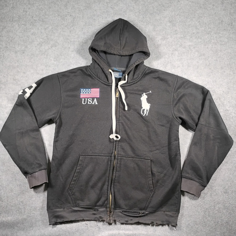 Vintage Polo Ralph Lauren Men's Black Big Pony USA Hoodie Full Zip Classic Fit M